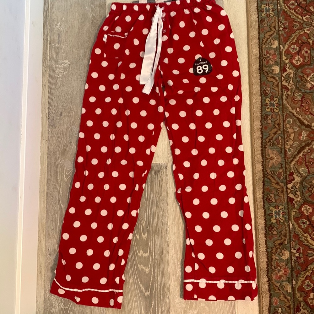 Polka dotted California 89 ribbon tied pajama pants